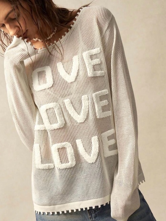 Tops - Love patch top long sleeve Knit 'LOVE' Pullover Sweater crochet- Cream white